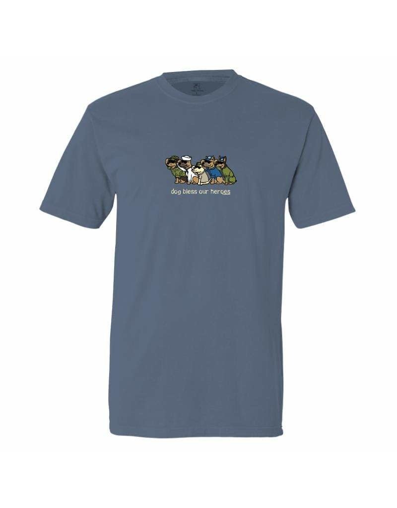 Teddy the Dog Dog Bless Our Heroes t-shirt - dusty blue