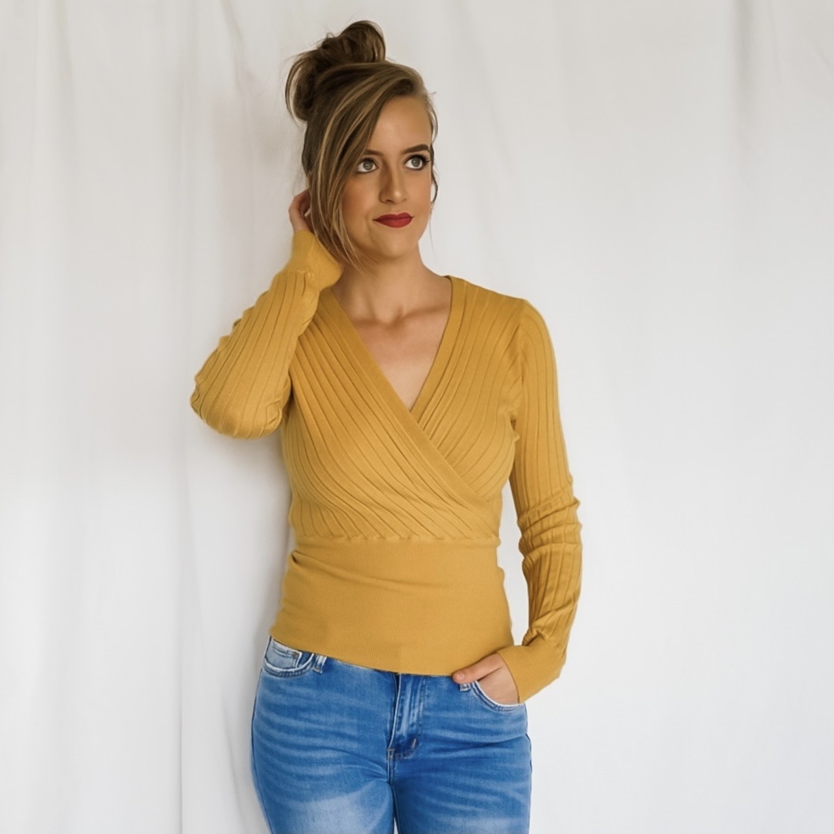 Apricot  wrap ribbed knit top