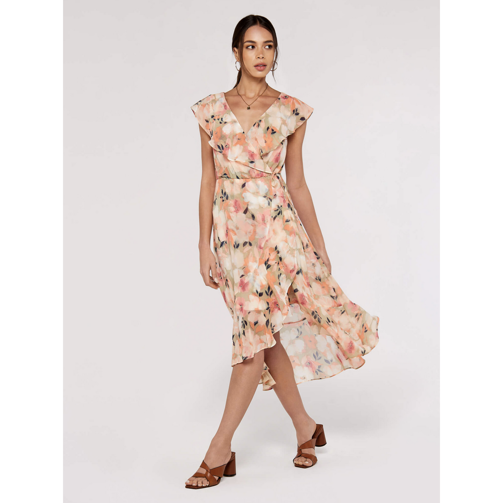 Apricot blurred floral ruffle wrap dress