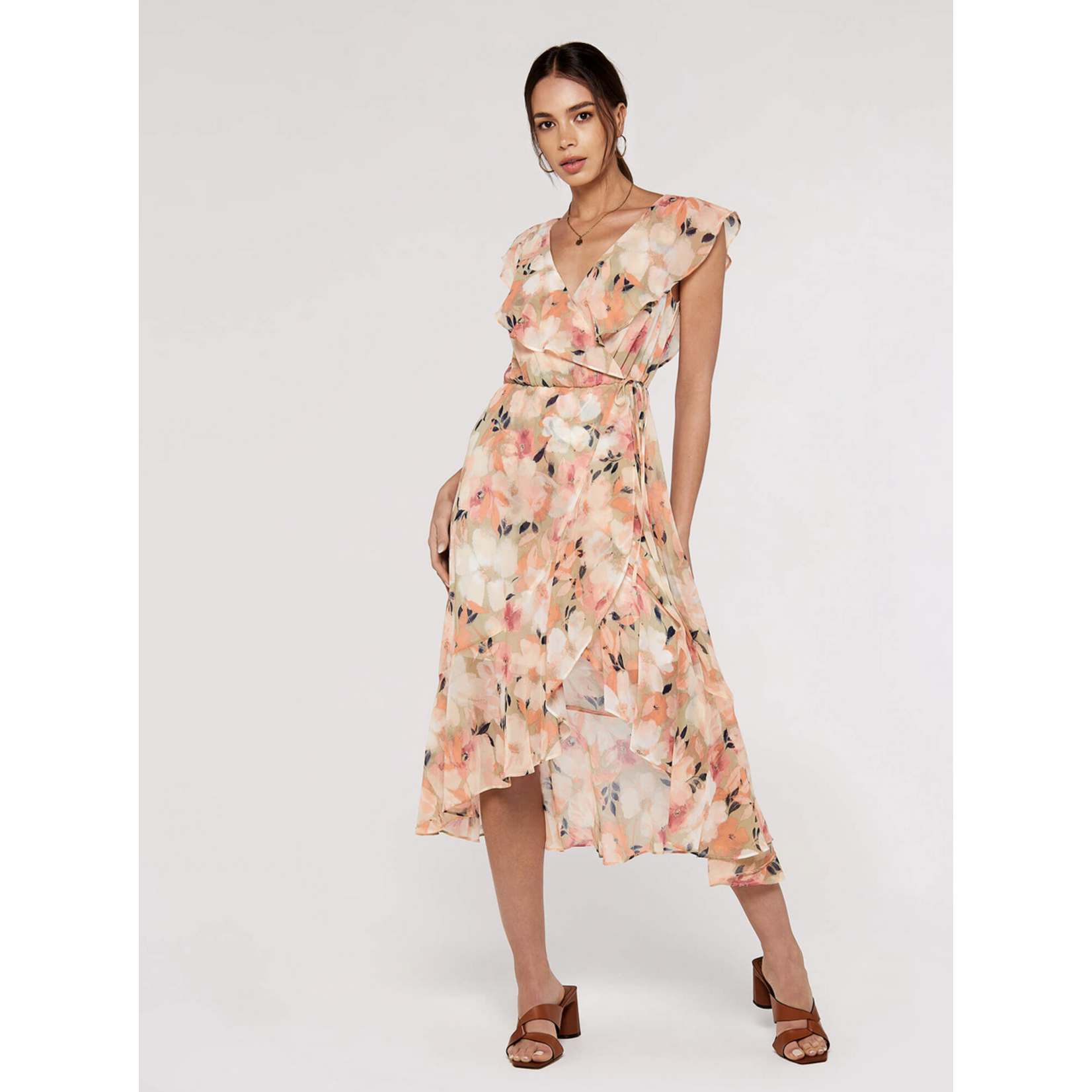 Apricot blurred floral ruffle wrap dress