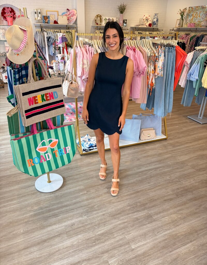 Cape Cod Scalloped Linen Dress Navy