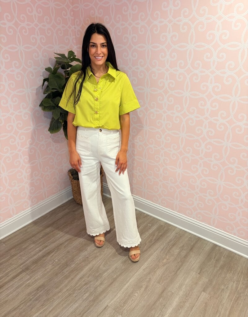 Maggie Chartreuse Gold Button Top