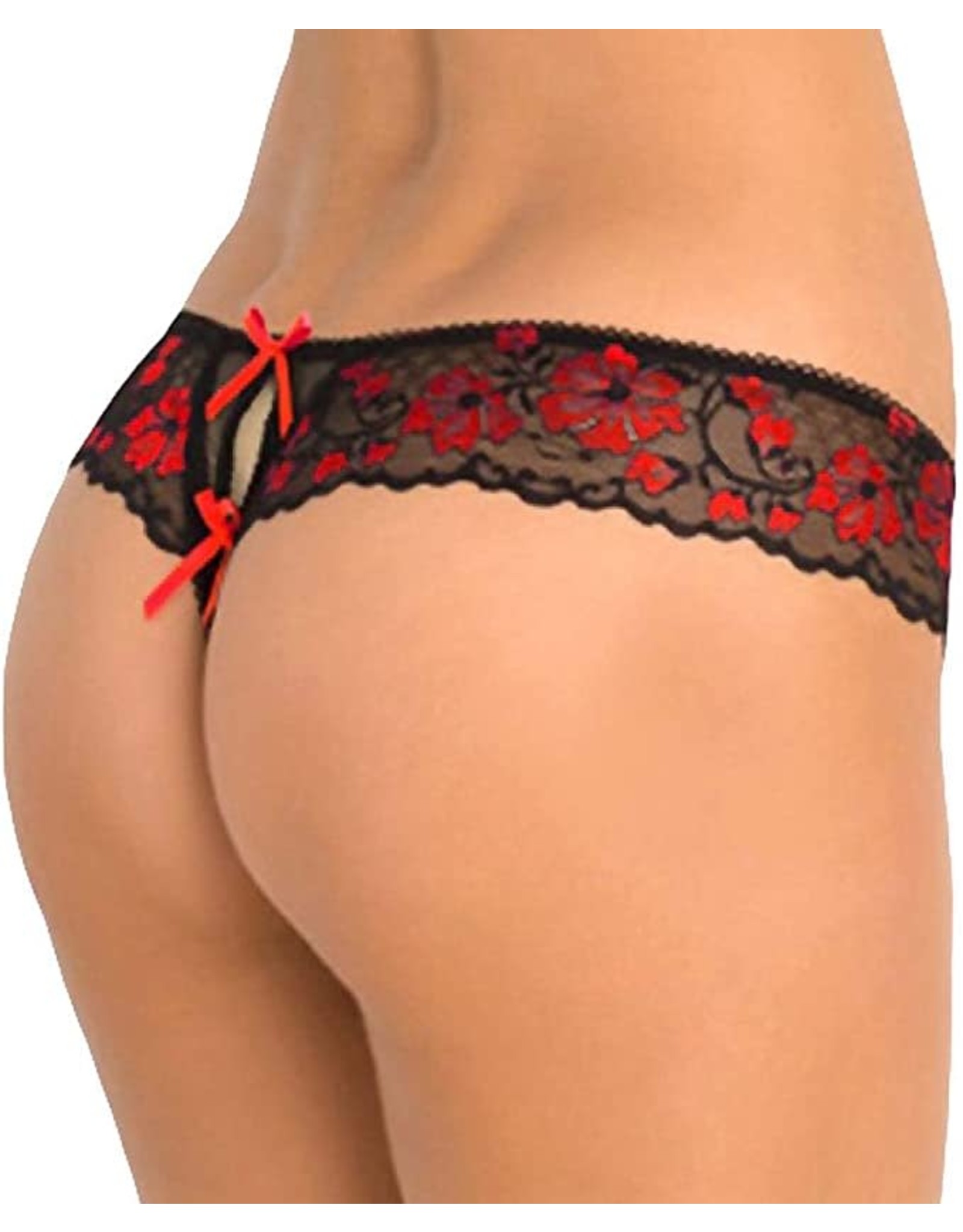 RENE ROFE LINGERIE CROTCHLESS LACE THONG WITH BOWS - S/M - BLACK AND RED