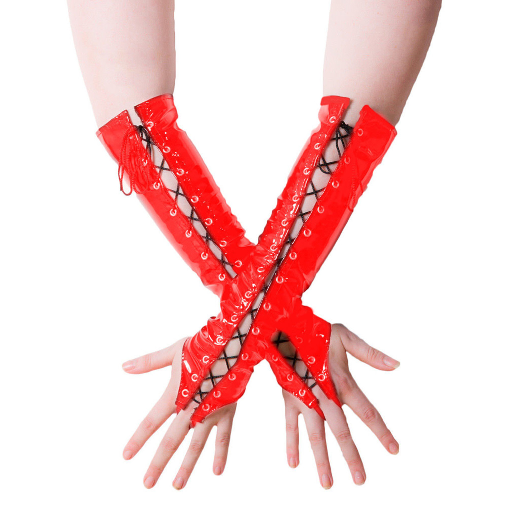 WETLOOK LACE UP GLOVES RED