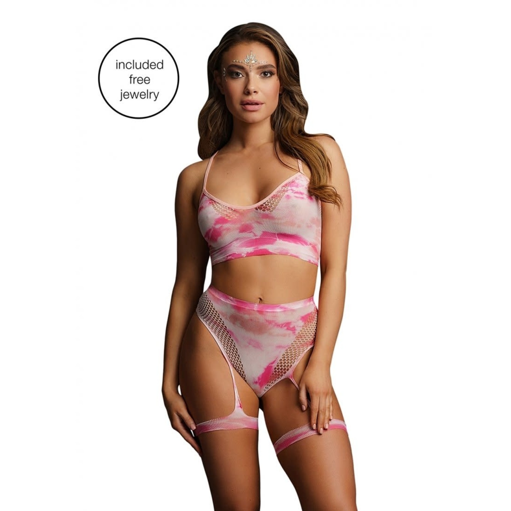 LE DESIR LINGERIE LE DESIR 2PC TIE DYE BRA SET WITH GARTERS & FACE BLING OS