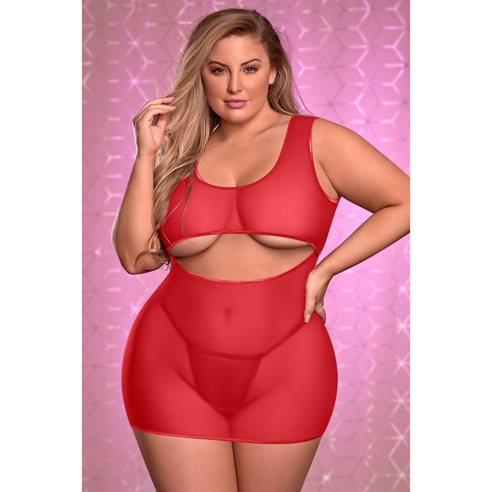 SHEER MESH RED UNDERBOOB DRESS & CROTCHLESS G-STRING OSXL