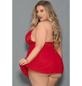 RED PLUS SIZE BACKLESS HALTER NECK LACE BABYDOLL SET (US 22-24)3X