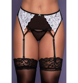 LACE MESH COLOR BLOCK GARTER BELT STOCKING WITH THONG BLACK, SIZE:(US 4-6)SMALL