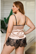 LACE TANK TOP & SHORT WITH THONG PLUS SIZE LINGERIE SET PINK, SIZE:(US 30-32)5X