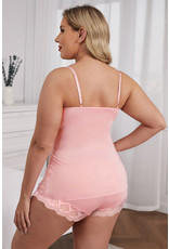PINK LACE SPLICING CAMI TOP AND SHORTS PLUS SIZE LINGERIE SET PINK, SIZE:(US 30-32)5X