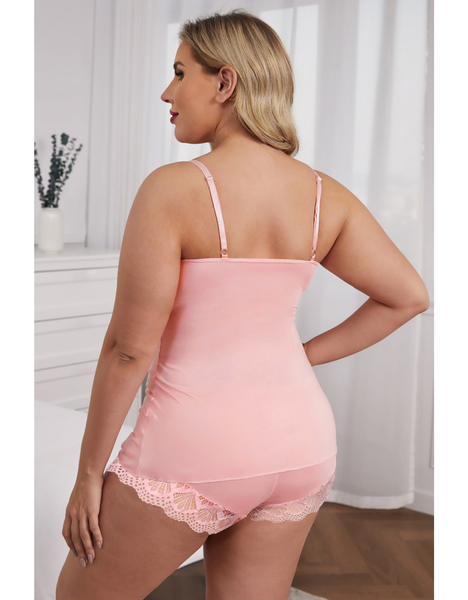 PINK LACE SPLICING CAMI TOP AND SHORTS PLUS SIZE LINGERIE SET PINK, SIZE:(US 26-28)4X