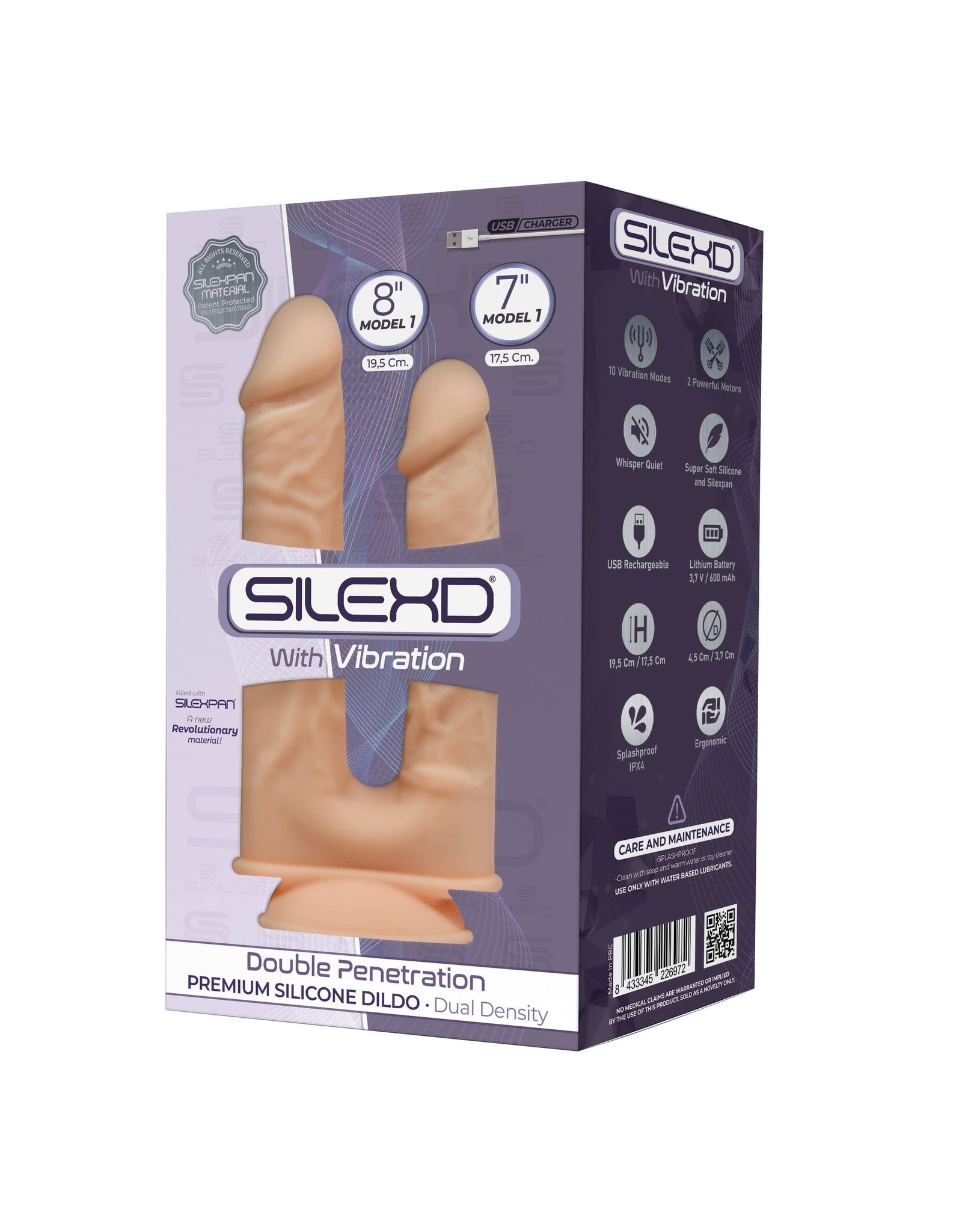 SILEXD SILEXD ( DOUBLE PENETRATION 8"& 7" ) MODEL 1 WITH VIBRATION - FLESH , THERMO REACTIVE PREMIUM SILICONE MEMORY DILDO