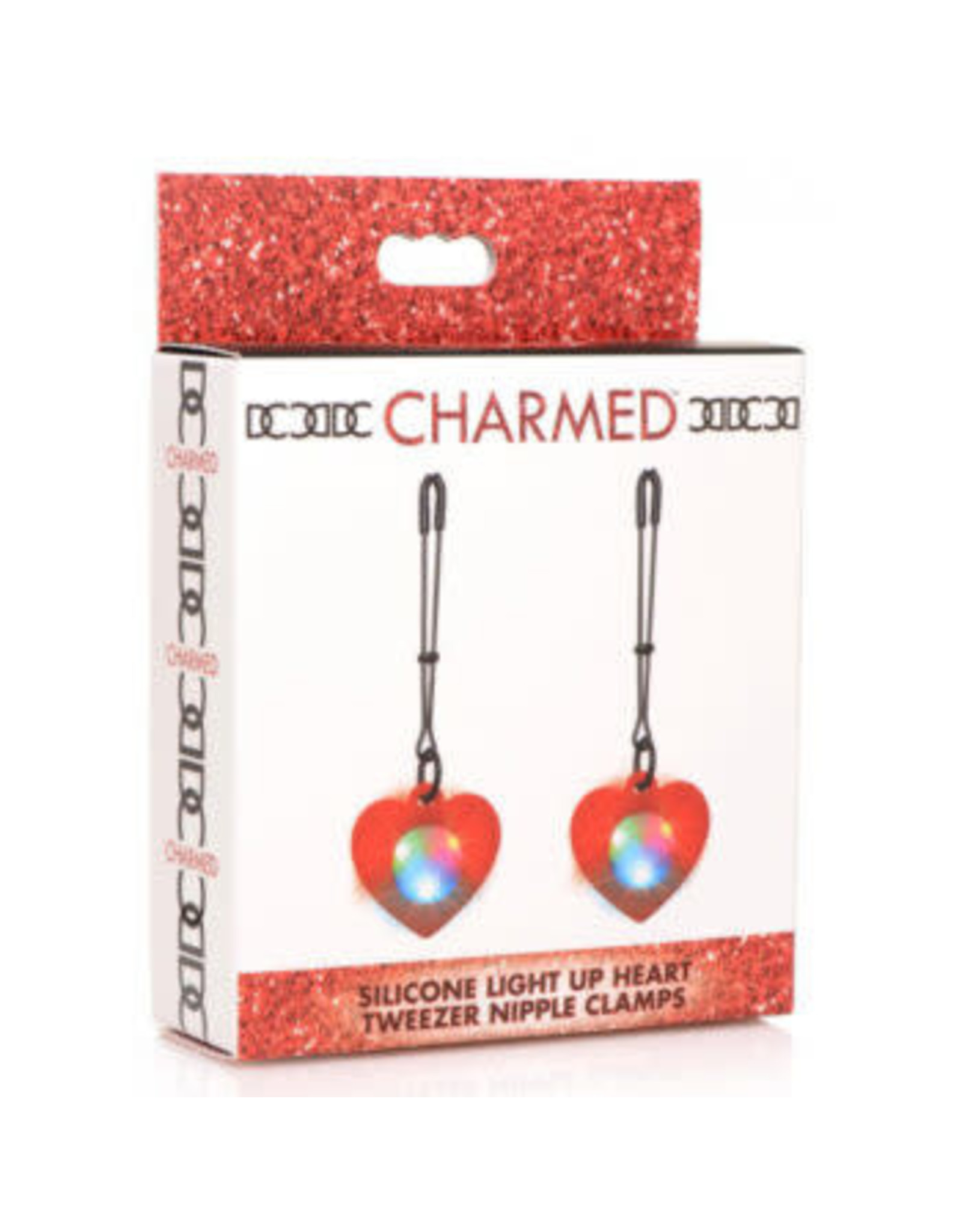 XR BRANDS CHARMED SILICONE LIGHT UP HEART TWEEZER NIPPLE CLAMPS