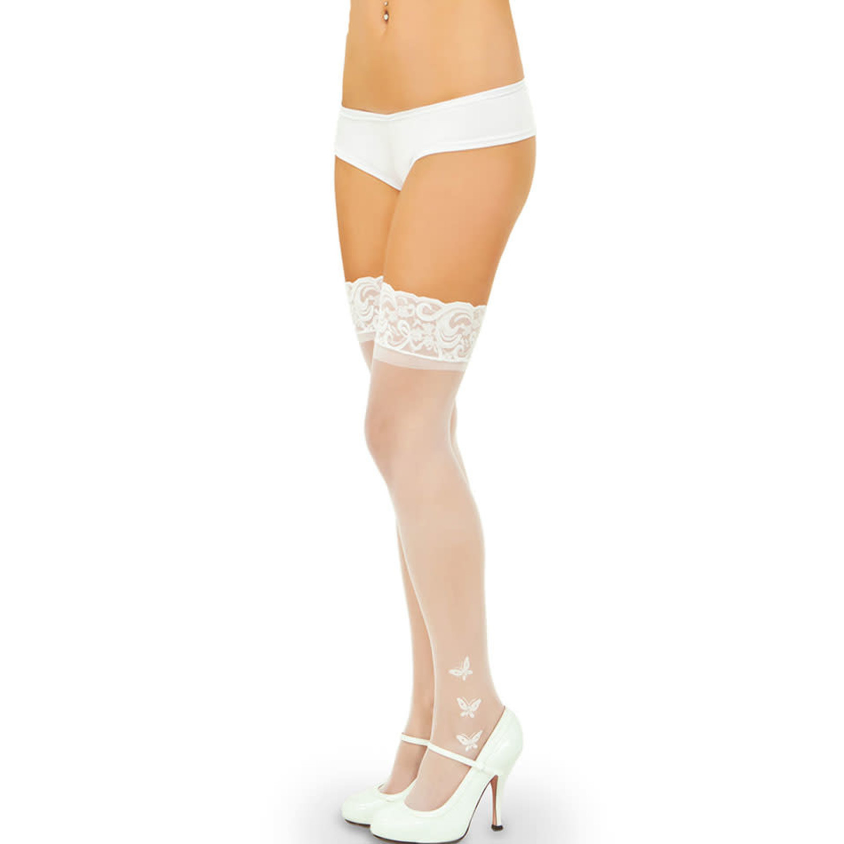 SHEER THIGH HIGHS WITH BUTTERFLIES WHITE O/S