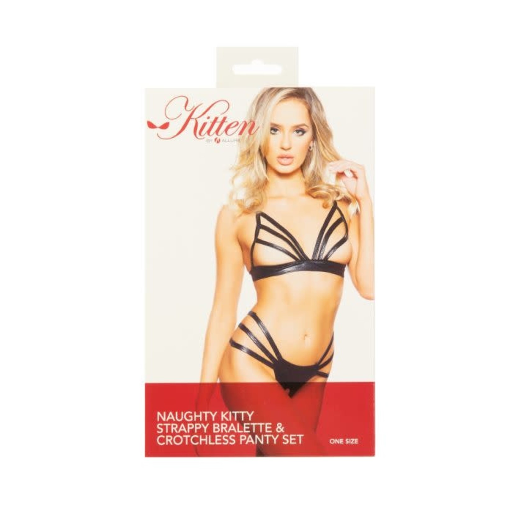 ALLURE LINGERIE KITTEN BY ALLURE NAUGHTY KITTY STRAPPY BRALETTE & CROTCHLESS PANTY SET - BLACK - OS
