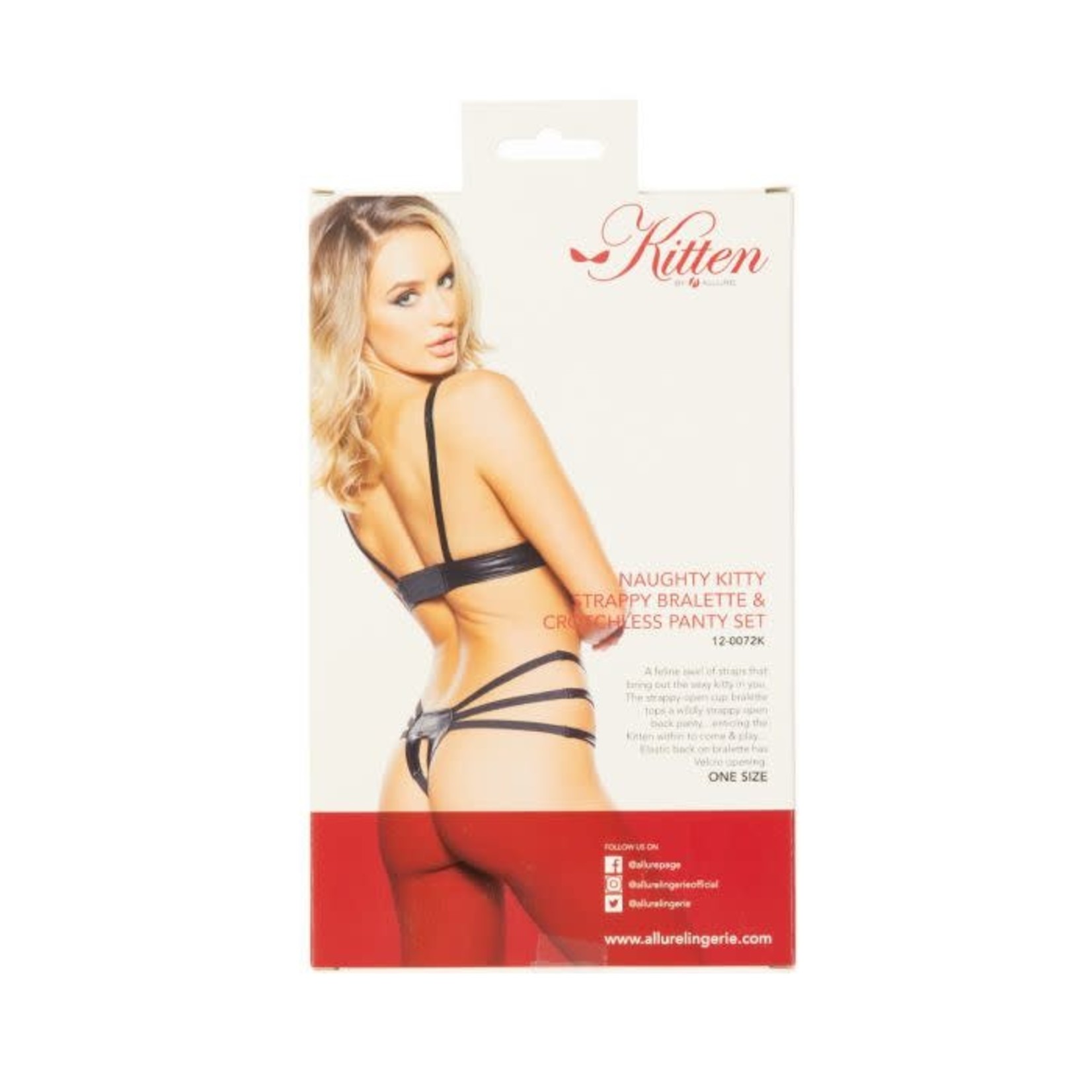 ALLURE LINGERIE KITTEN BY ALLURE NAUGHTY KITTY STRAPPY BRALETTE & CROTCHLESS PANTY SET - BLACK - OS