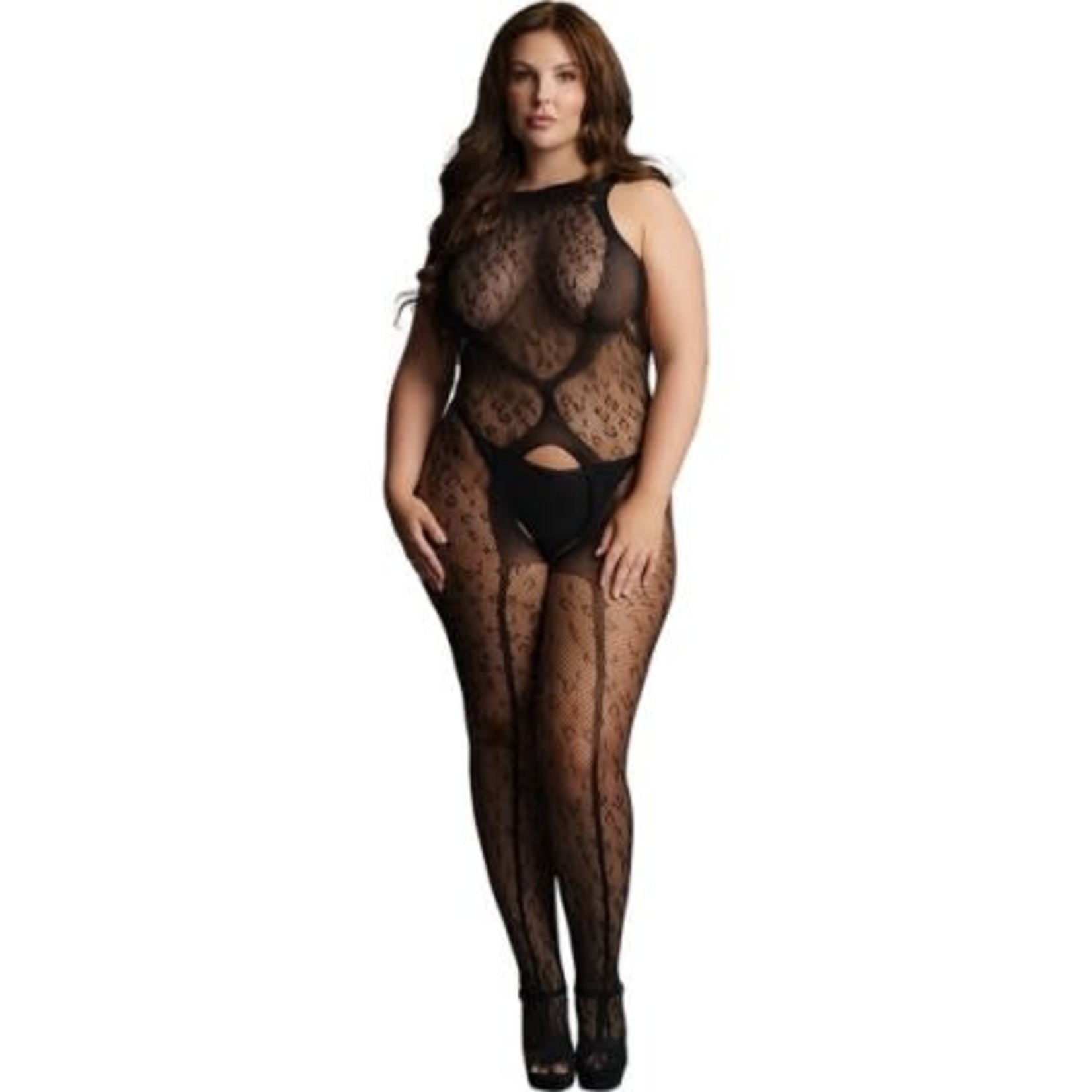 LE DESIR LINGERIE LE DESIR BLACK CROTCHLESS LEOPARD BODYSTOCKING OSXL