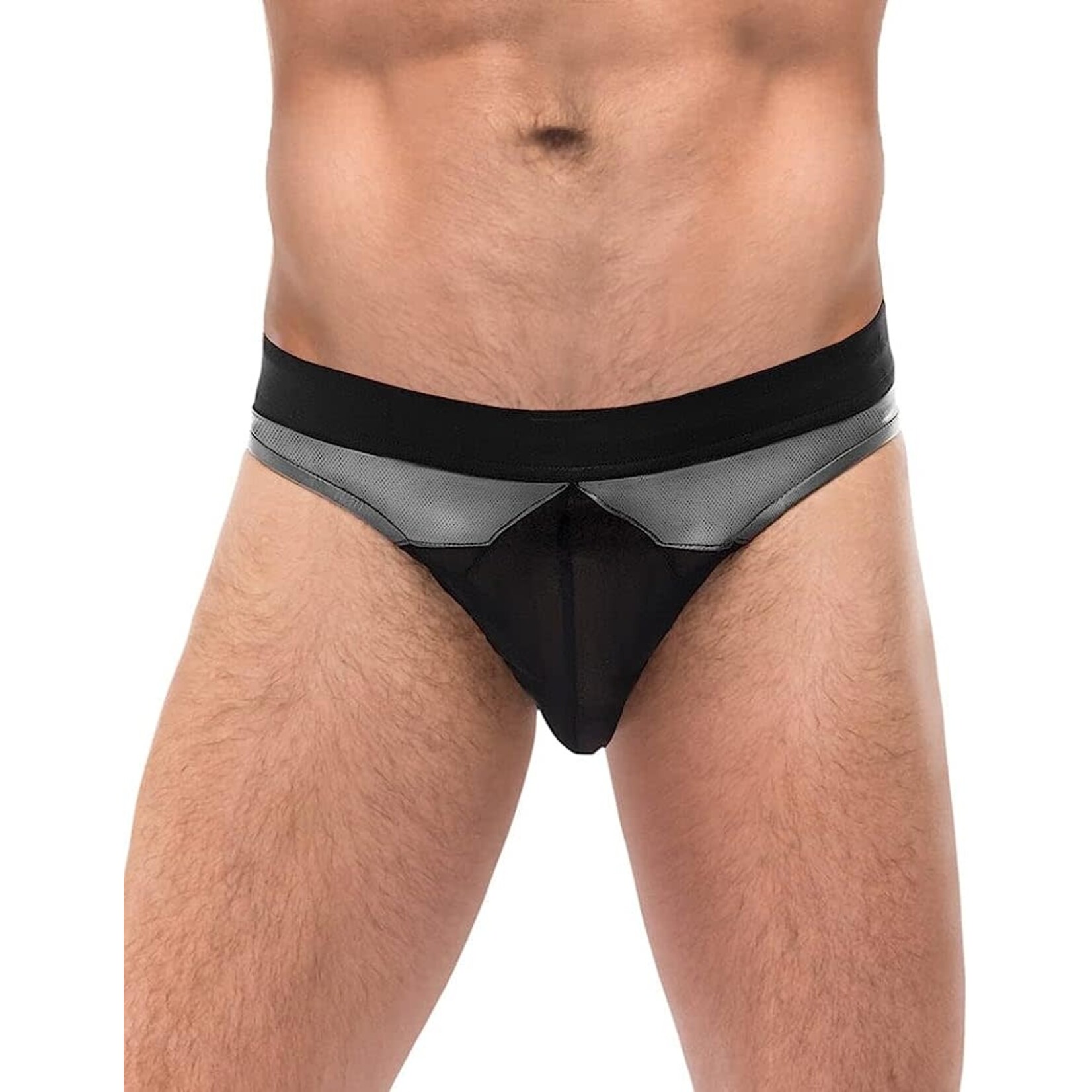 MALE POWER MALE POWER -  IRON CLAD THONG GREY-BLACK L/XL