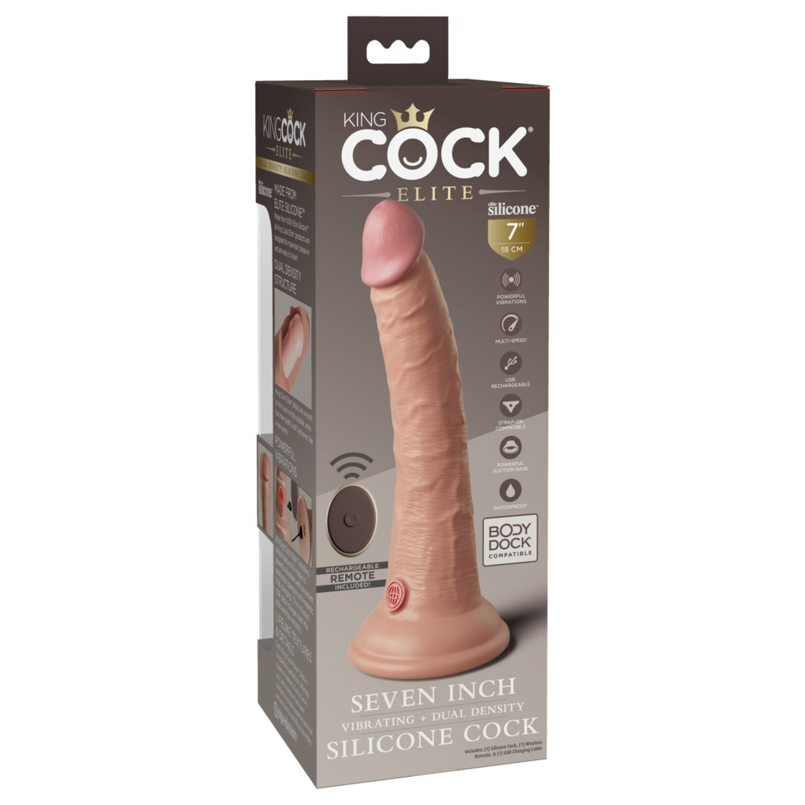 KING COCK KING COCK ELITE 7" DUAL DENSITY VIBRATING SILICONE COCK WITH REMOTE - LIGHT