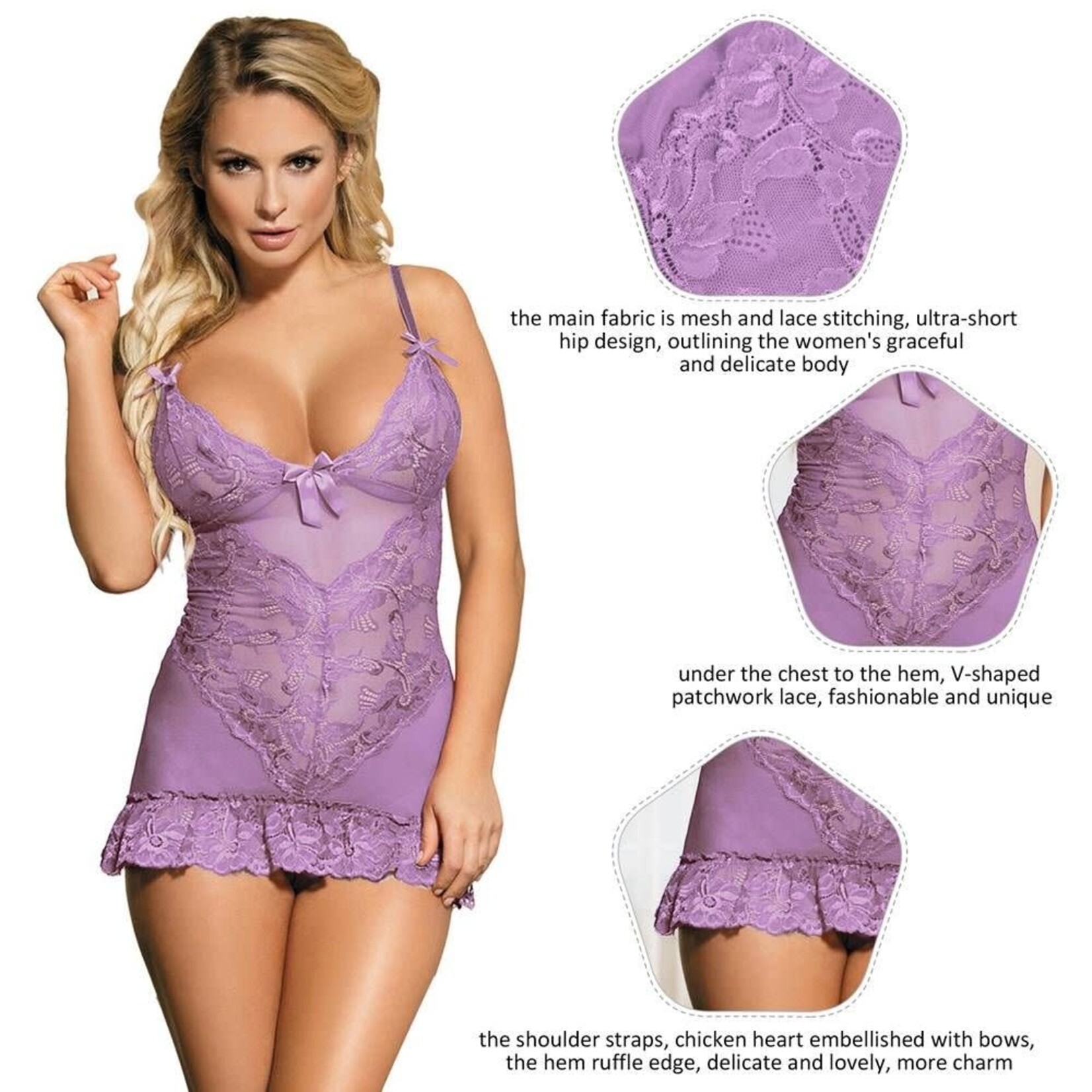OH YEAH! -  SEXY SLIM DEEP V NECK LACE SLEEPWEAR PURPLE WITH THONG XS-S