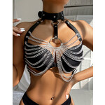 OH YEAH! -  WILD BLACK LEATHER CHEST PUNK BONDAGE BELT WITH CHAIN ONE SIZE