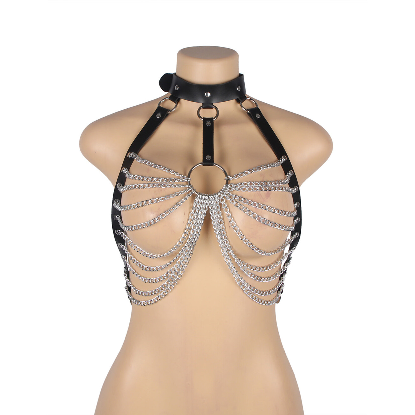 OH YEAH! -  WILD BLACK LEATHER CHEST PUNK BONDAGE BELT WITH CHAIN ONE SIZE