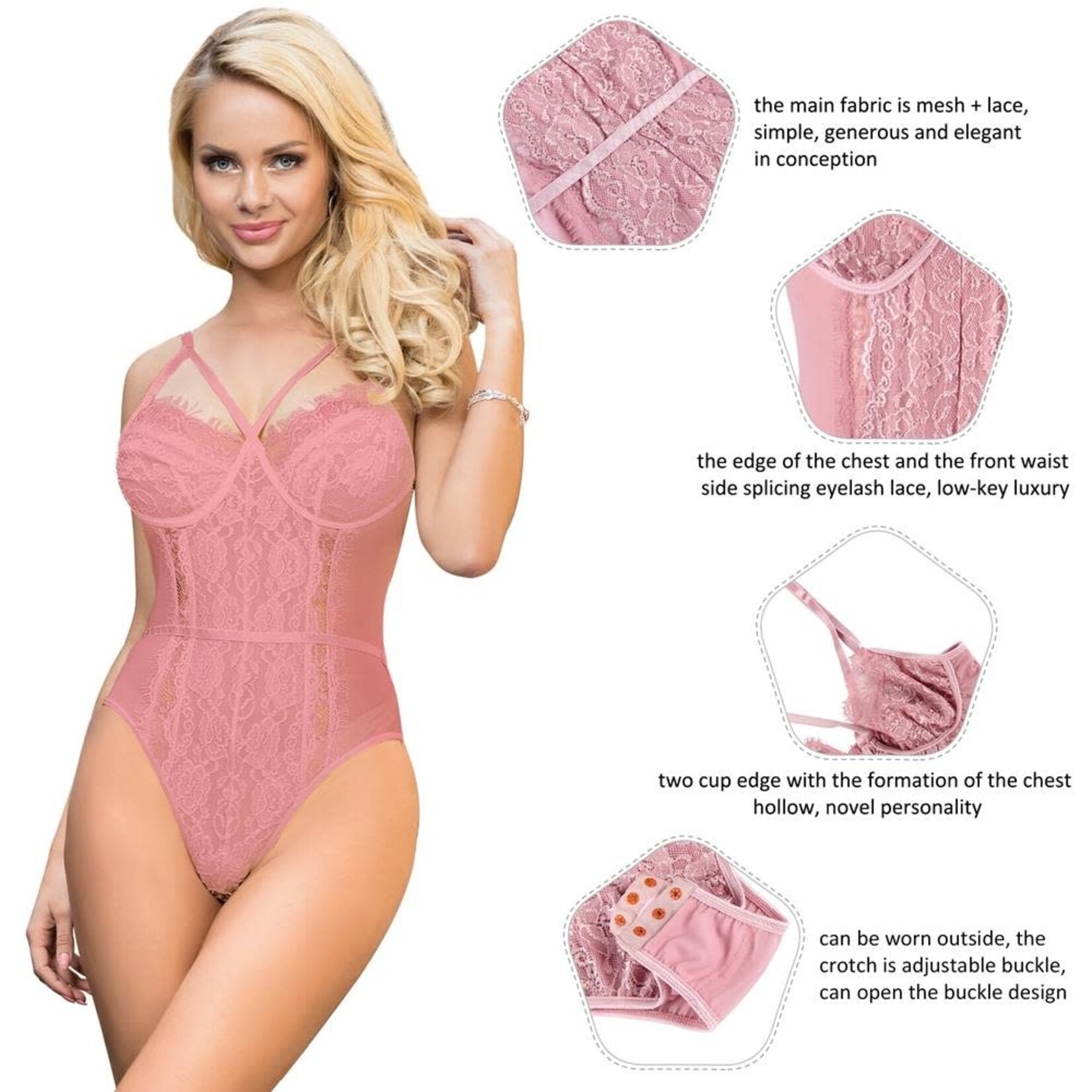 OH YEAH! -  PLUS SIZE BODYSUIT WITHOUT UNDERWIRE PINK LACE OPENABLE CROTCH LINGERIE M-L