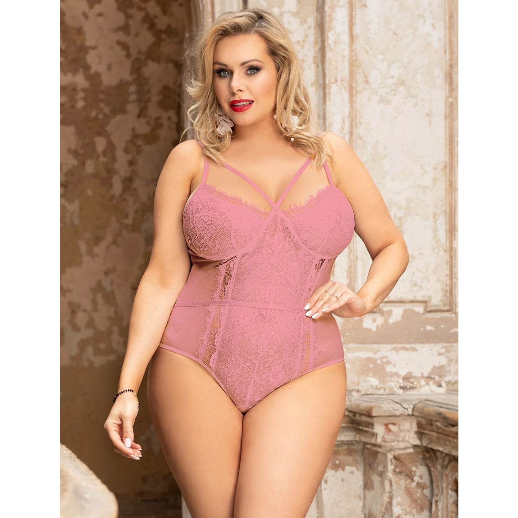 OH YEAH! -  PLUS SIZE BODYSUIT WITHOUT UNDERWIRE PINK LACE OPENABLE CROTCH LINGERIE XL-2XL