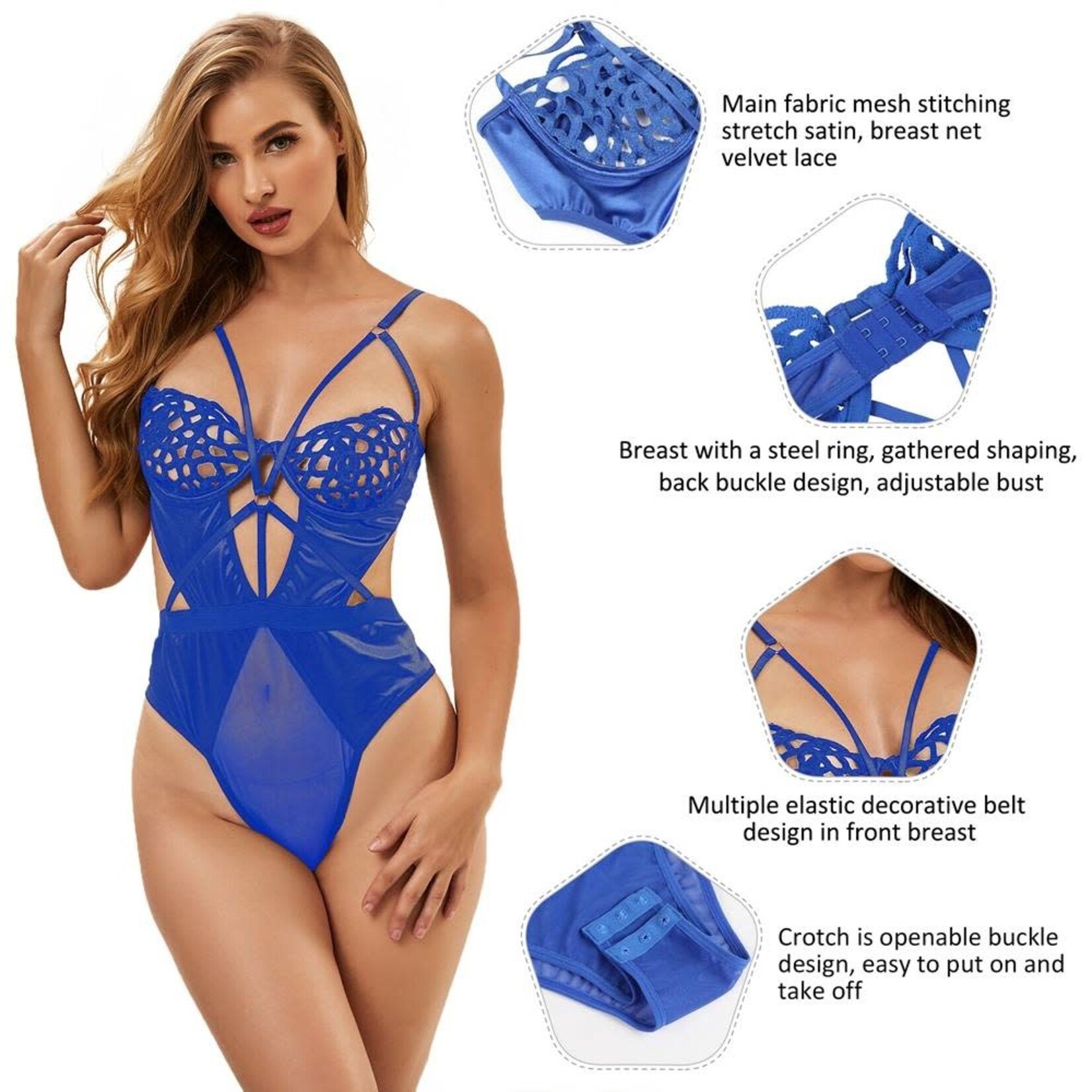 OH YEAH! -  CROTCH OPEN BLUE LACE SPLICING EXQUISITE HOLLOW OUT CUP TEDDY WITH UNDERWIRE XS-S