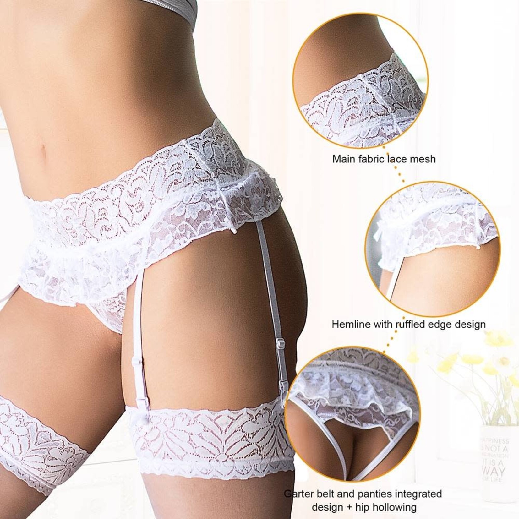 OH YEAH! -  WHITE SEXY LACE GARTER PANTY XS-S