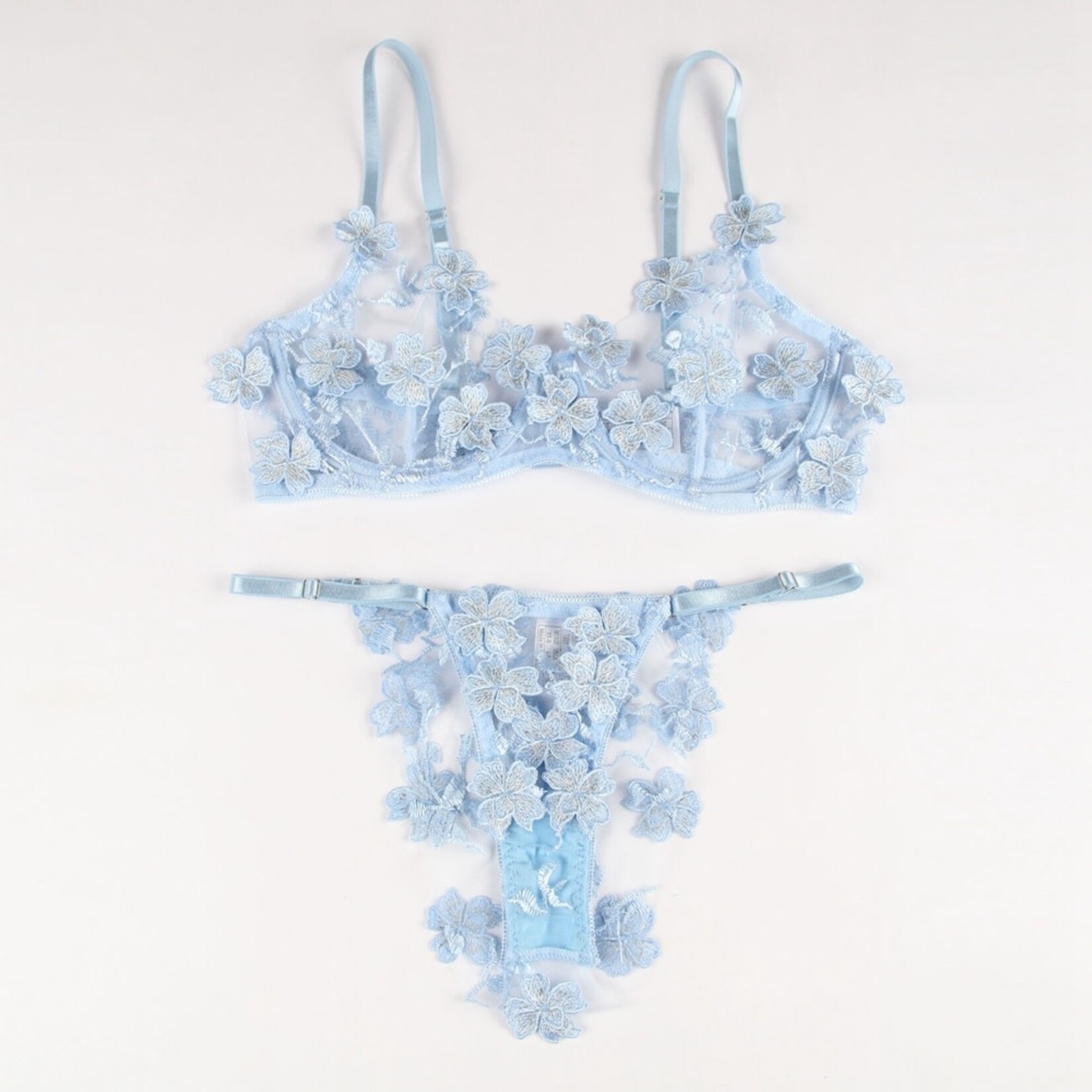 OH YEAH! -  FLORAL APPLIQUE EMBROIDERY MESH UNDERWIRE UNDERWEAR SET XS-S