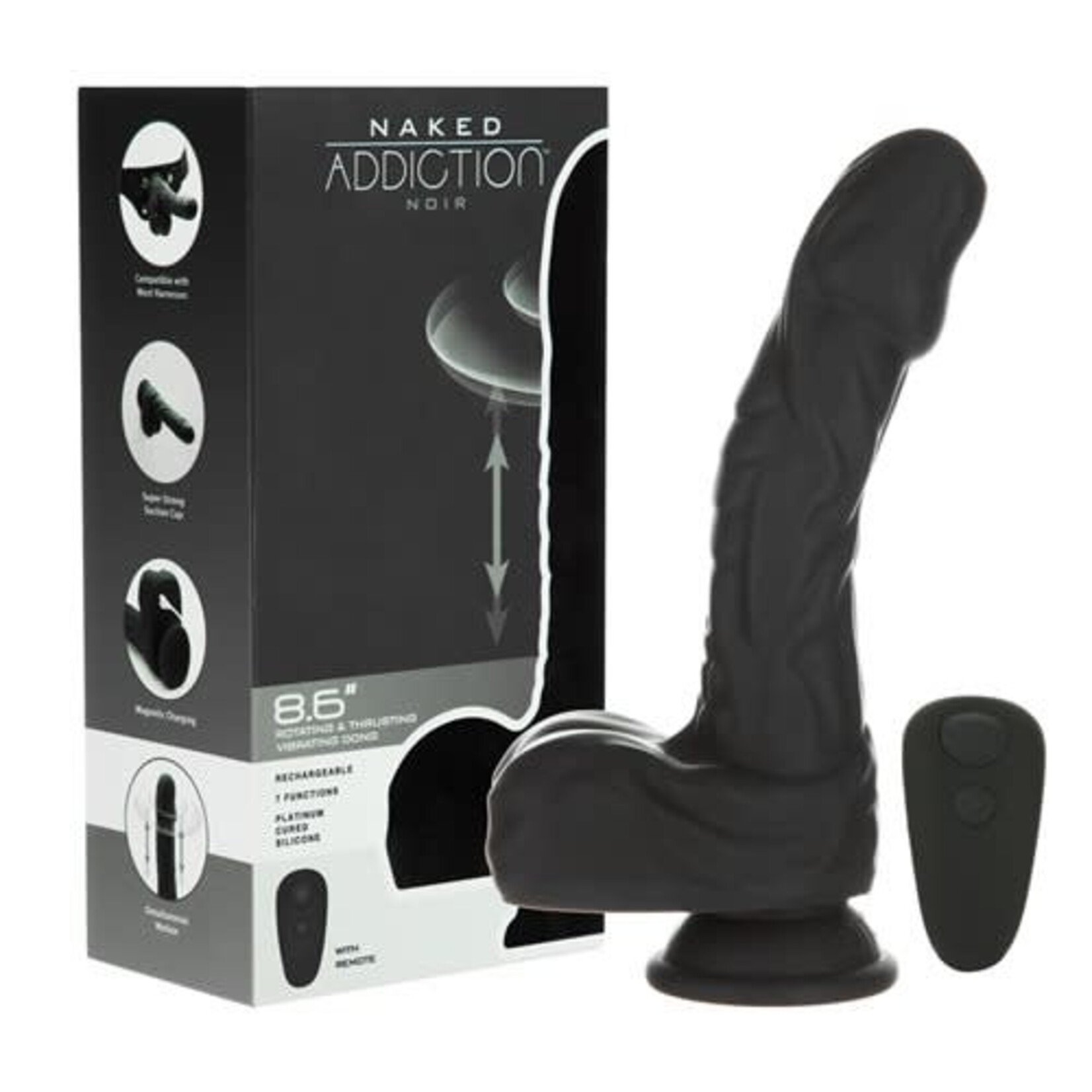ADDICTION NAKED ADDICTION - 8.6" SILICONE ROTATING & THRUSTING VIBRATING DILDO WITH REMOTE - NOIR