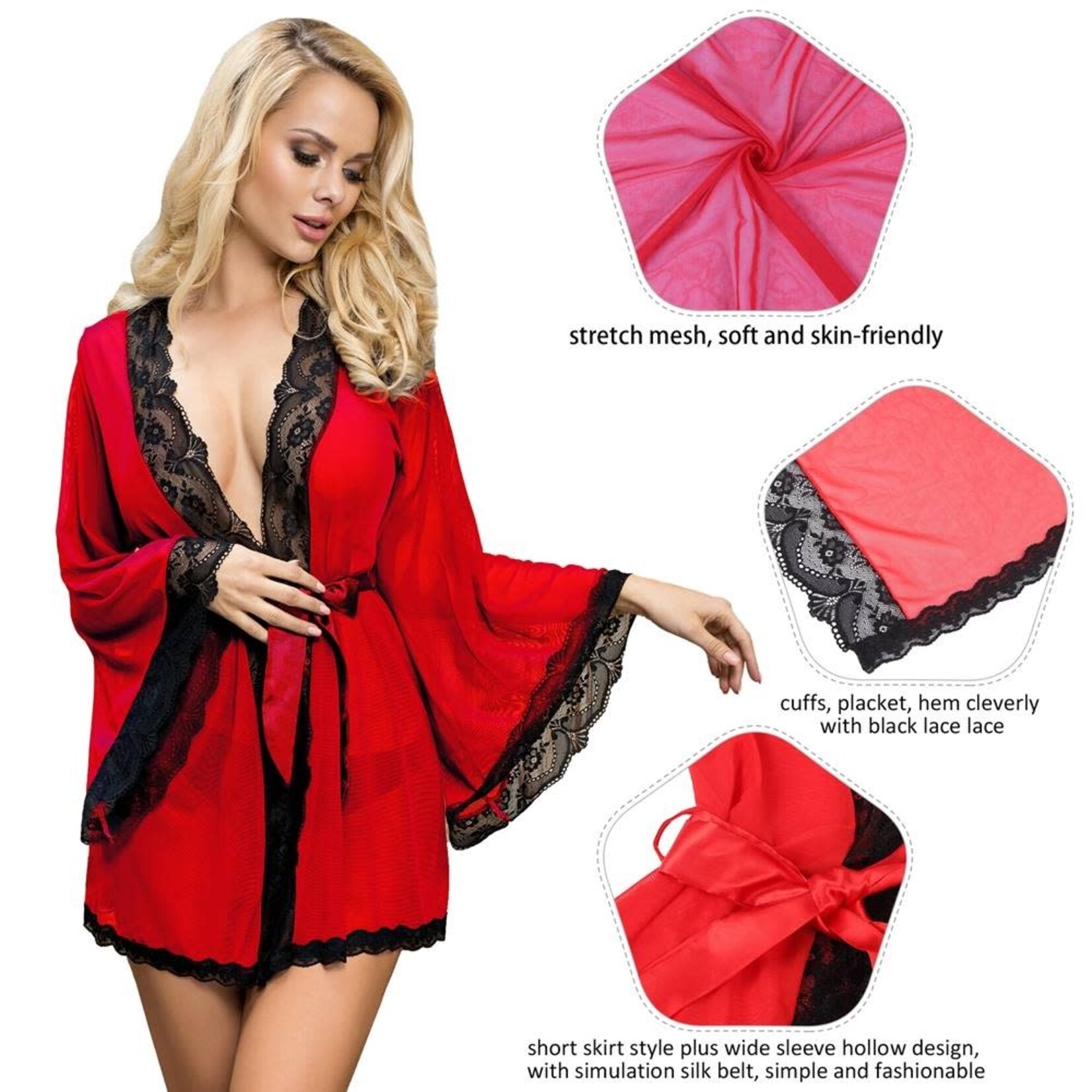 OH YEAH! -  SEXY LONG SLEEVE MESH RED PLUS SIZE SLEEPWEAR WITH BELT M-L