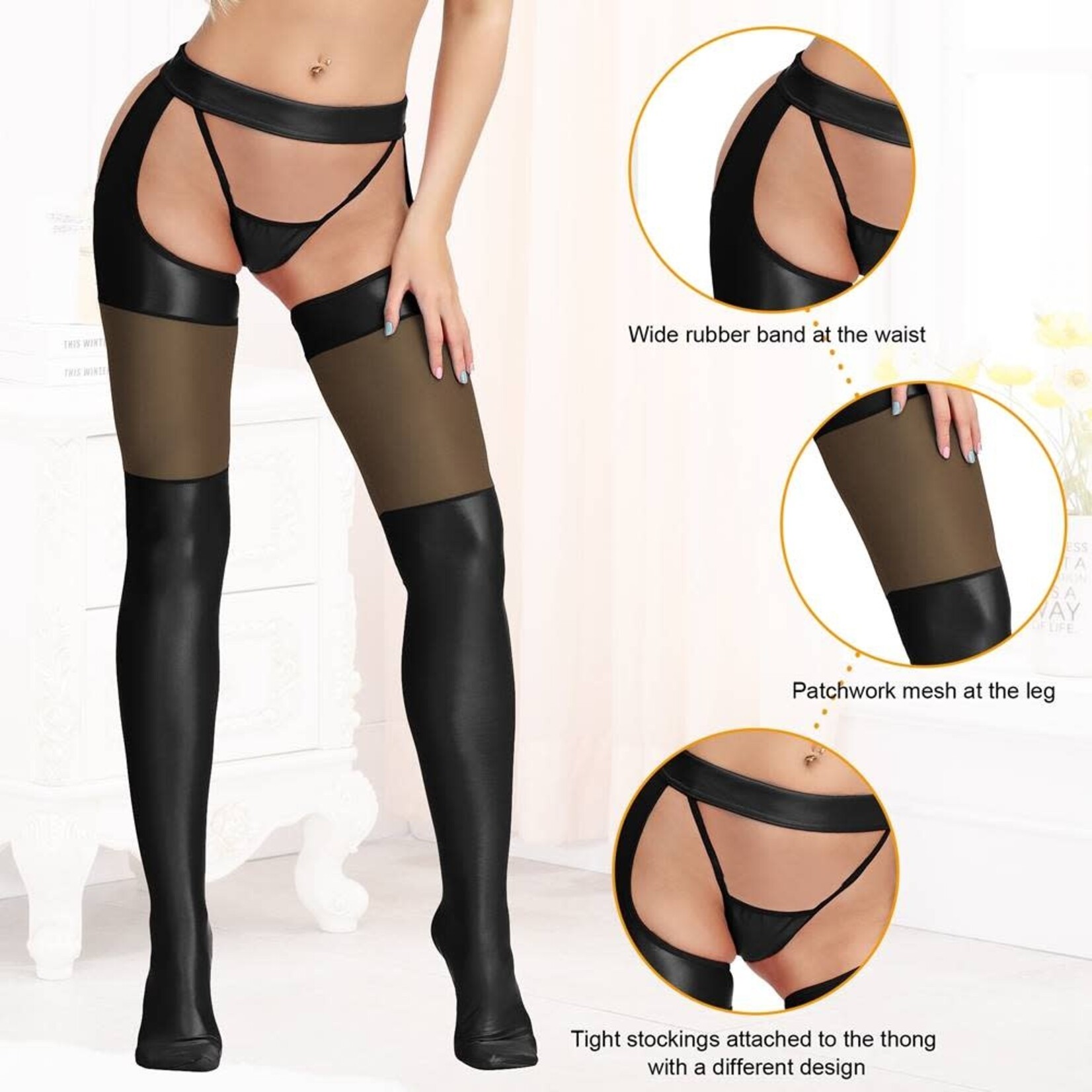 OH YEAH! -  BLACK SEXY FAUX LEATHER STOCKINGS XS-M