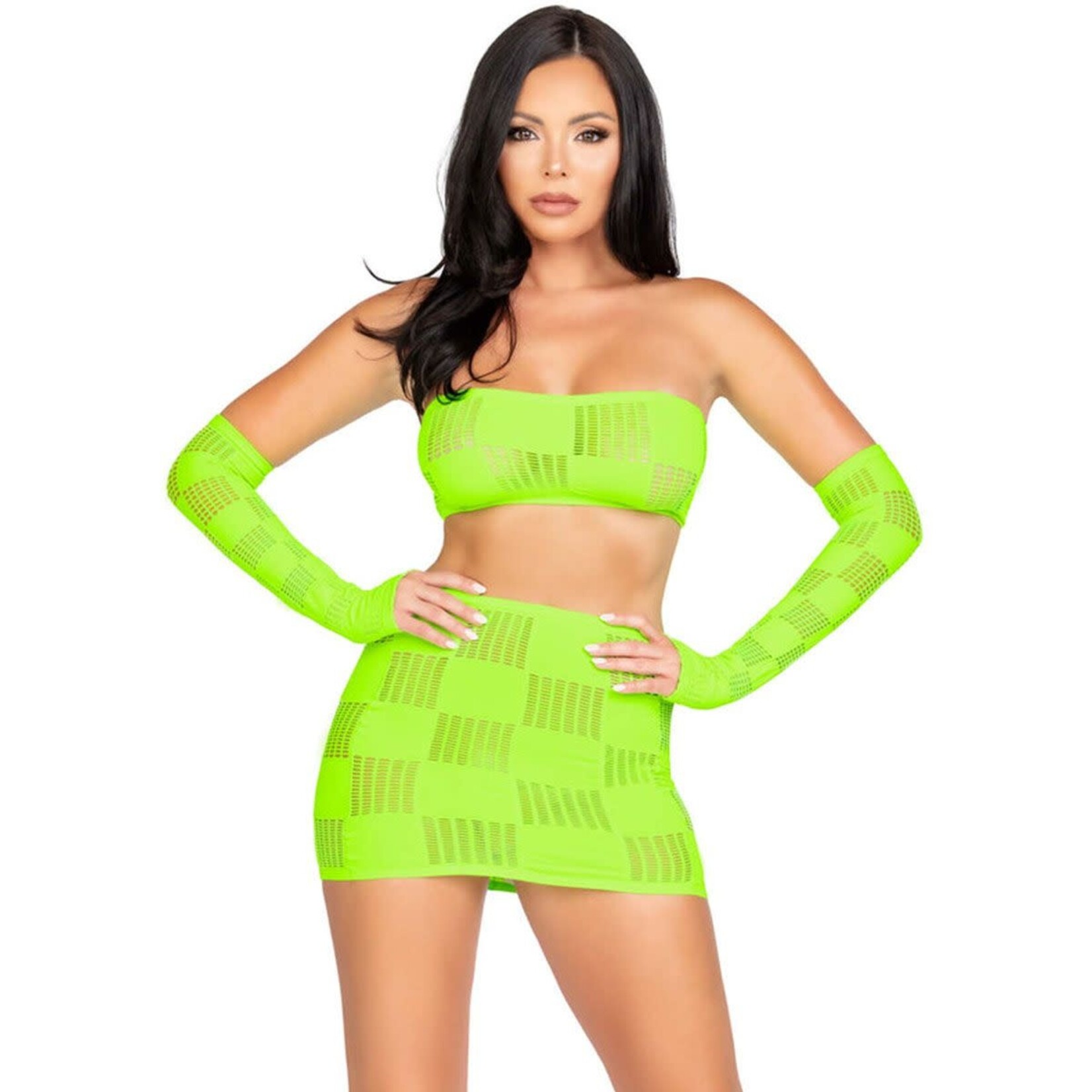 LEG AVENUE LEG AVENUE - 3 PC CHECKERBOARD BANDEAU, MINI SKIRT, & ARM WARMERS - NEON GREEN - OS