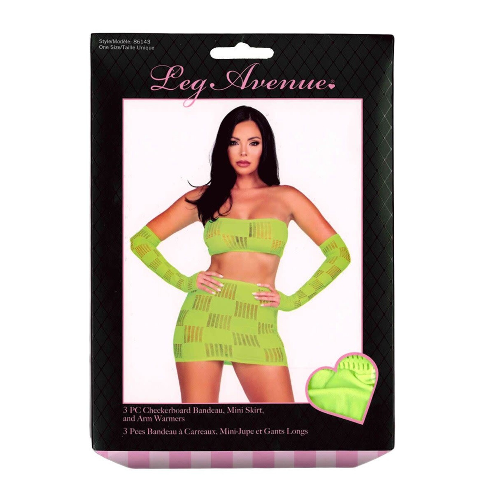 LEG AVENUE LEG AVENUE - 3 PC CHECKERBOARD BANDEAU, MINI SKIRT, & ARM WARMERS - NEON GREEN - OS