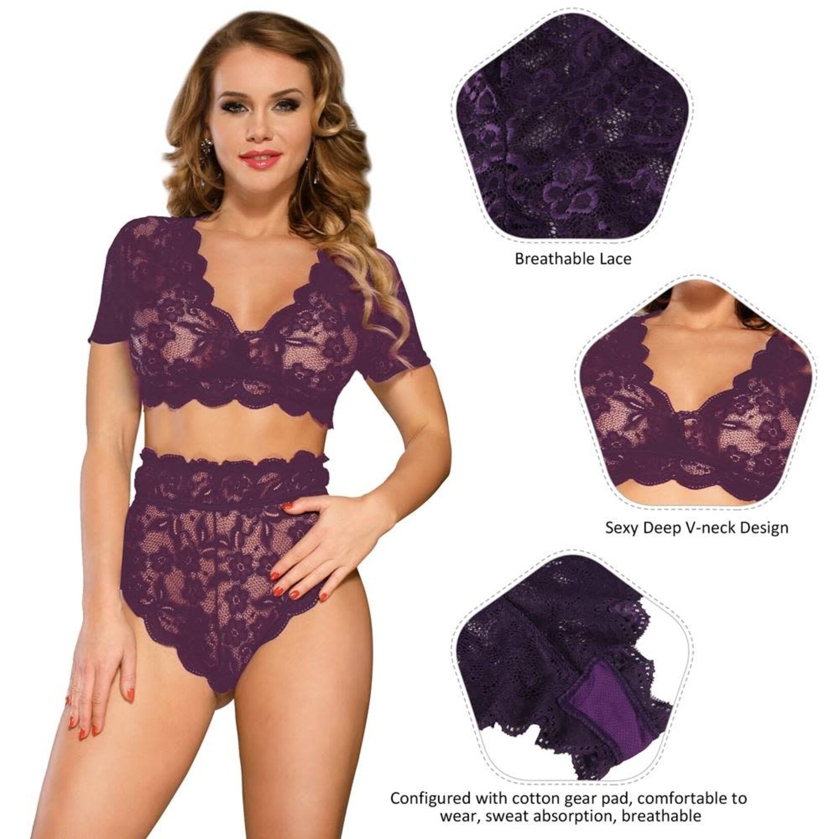 OH YEAH! -  HIGH WAIST PURPLE FULL LACE BRA PANTY UNDERWEAR M-L