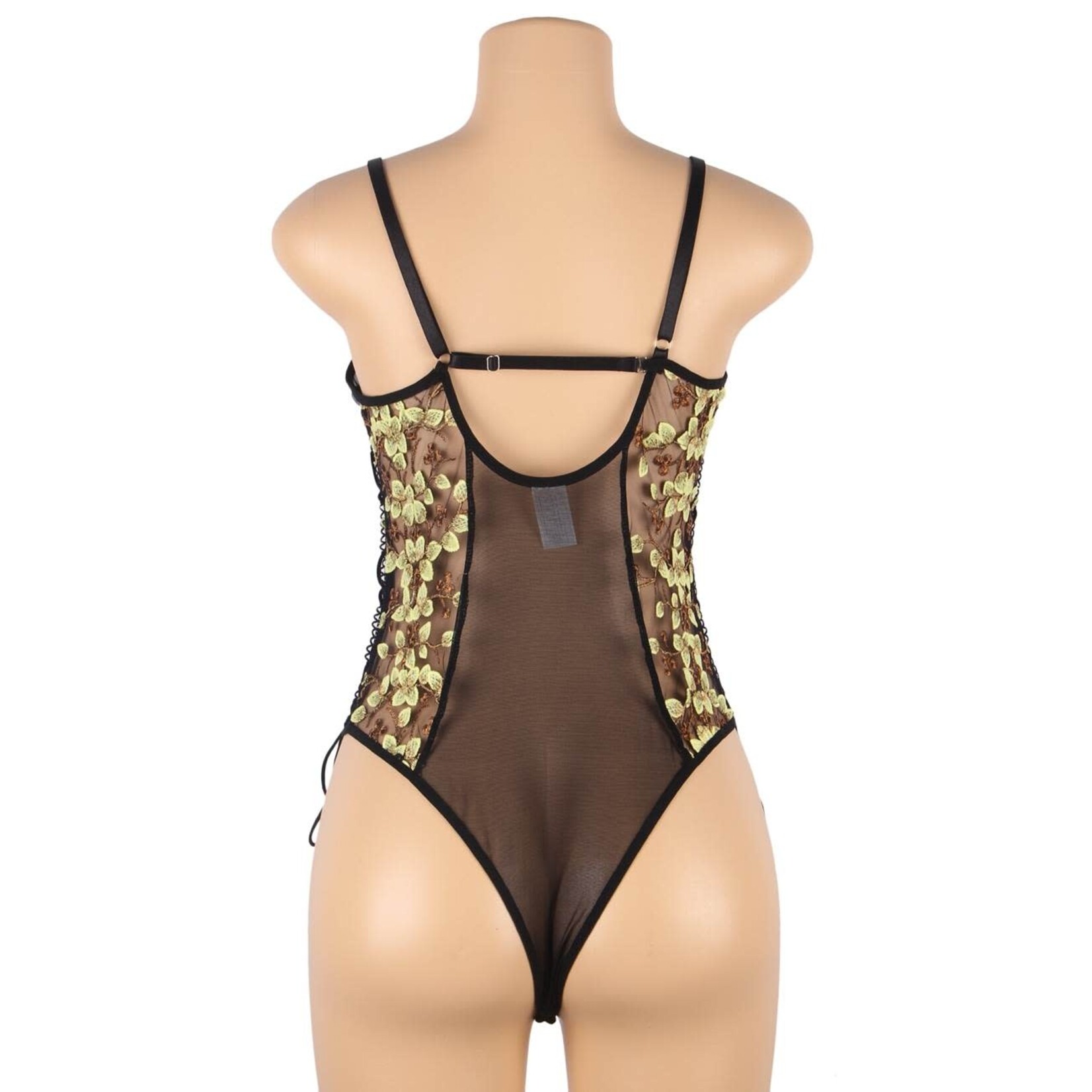 OH YEAH! -  FASHION EMBROIDERY BLACK MESH BODYSUIT WITH UNDERWIRE MATERIAL:95% POLYESTER + 5% SPANDEX M