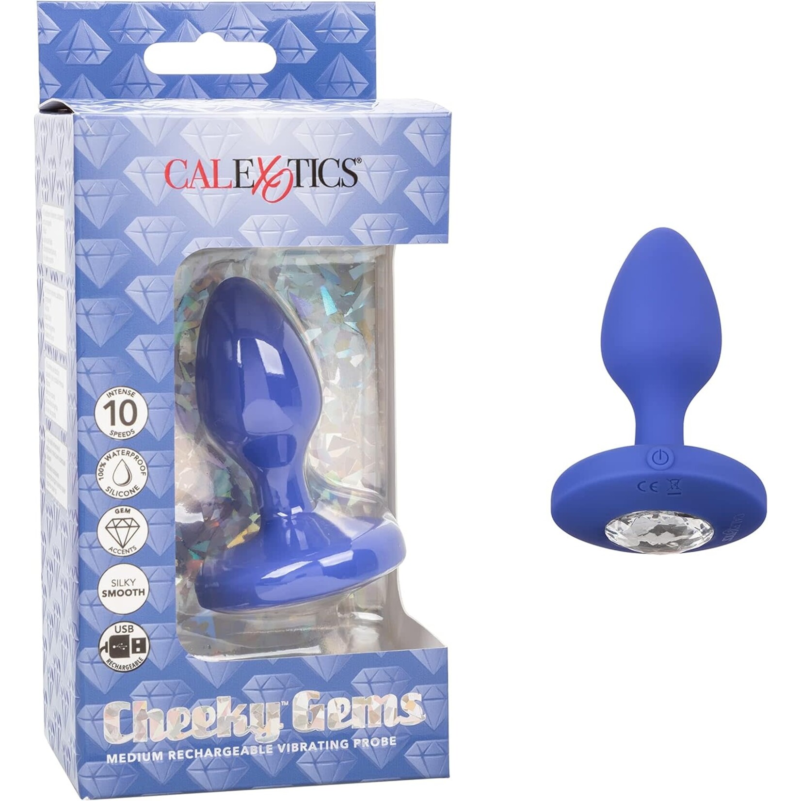 CALEXOTICS CHEEKY GEMS MEDIUM RECHARGEABLE VIBRATING PROBE - BLUE