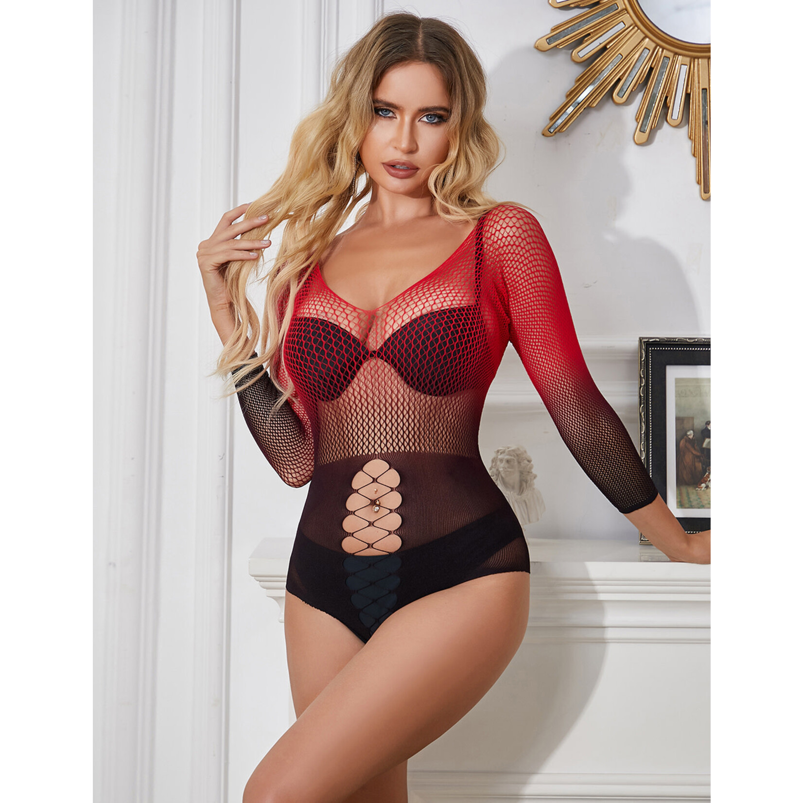 OH YEAH! -  BLACK AND RED TWO-COLOR GRADIENT STRETCHY FISHNET BODYSTOCKING RED L-2XL