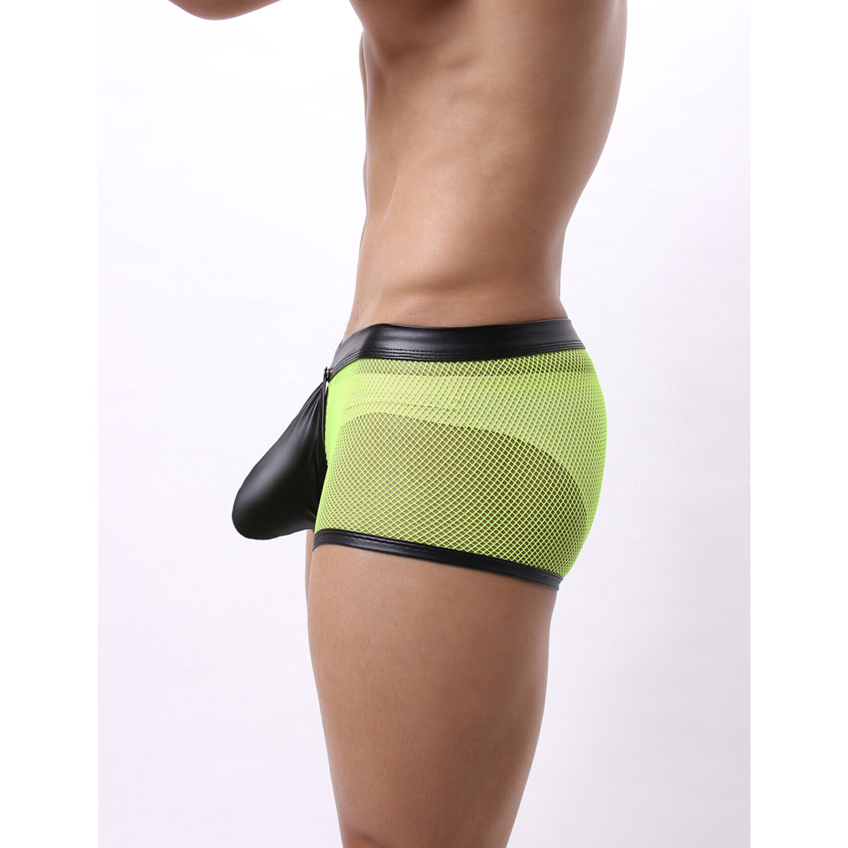 OH YEAH! -  GREEN SEXY MESH OPENABLE CROTCH IMITATION LEATHER MEN'S BOXER UNDERWEAR GREEN XL