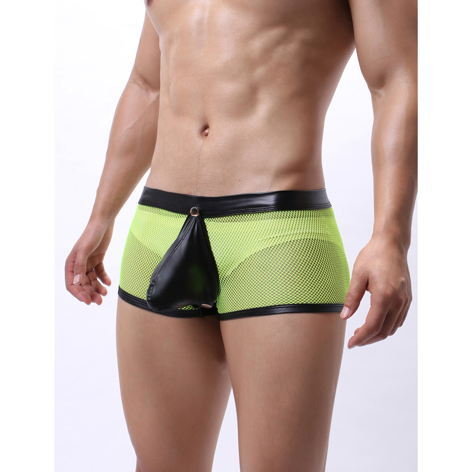 OH YEAH! -  GREEN SEXY MESH OPENABLE CROTCH IMITATION LEATHER MEN'S BOXER UNDERWEAR GREEN LARGE