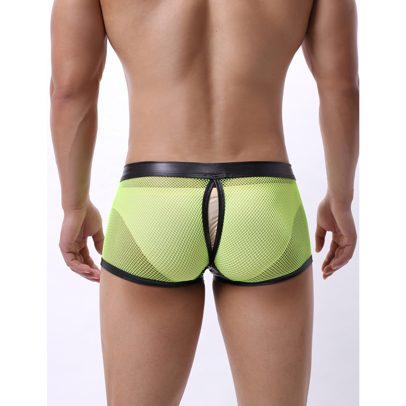 OH YEAH! -  GREEN SEXY MESH OPENABLE CROTCH IMITATION LEATHER MEN'S BOXER UNDERWEAR GREEN LARGE