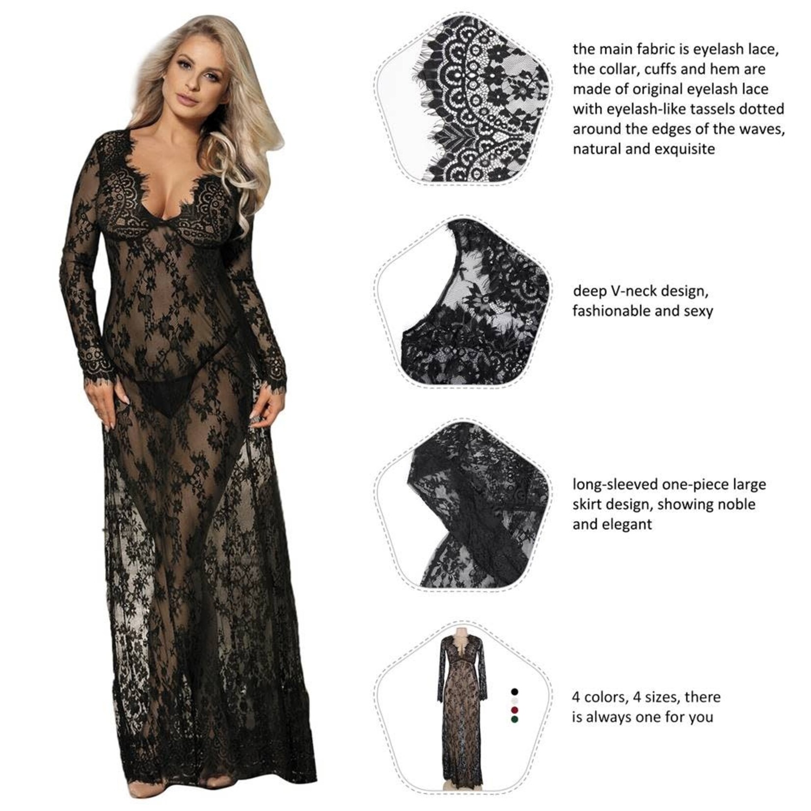 OH YEAH! -  SEXY SEE-THROUGH V NECK LONG BLACK NIGHTDRESS WITH THONG AS SHOWN XS-S