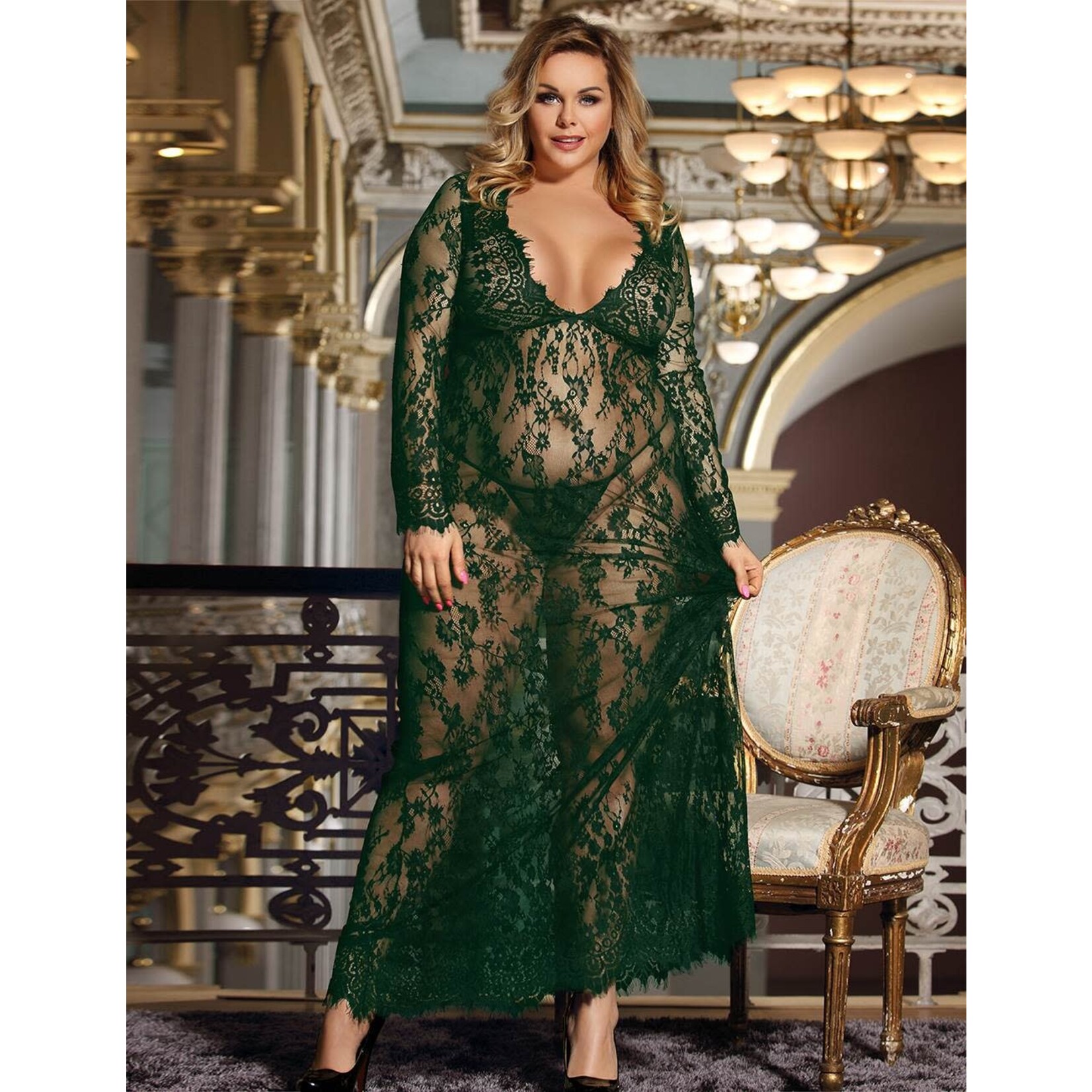 OH YEAH! -  GREEN V NECK SEXY SEE-THROUGH  LONG NIGHTDRESS WITH THONG AS SHOWN XL-2XL