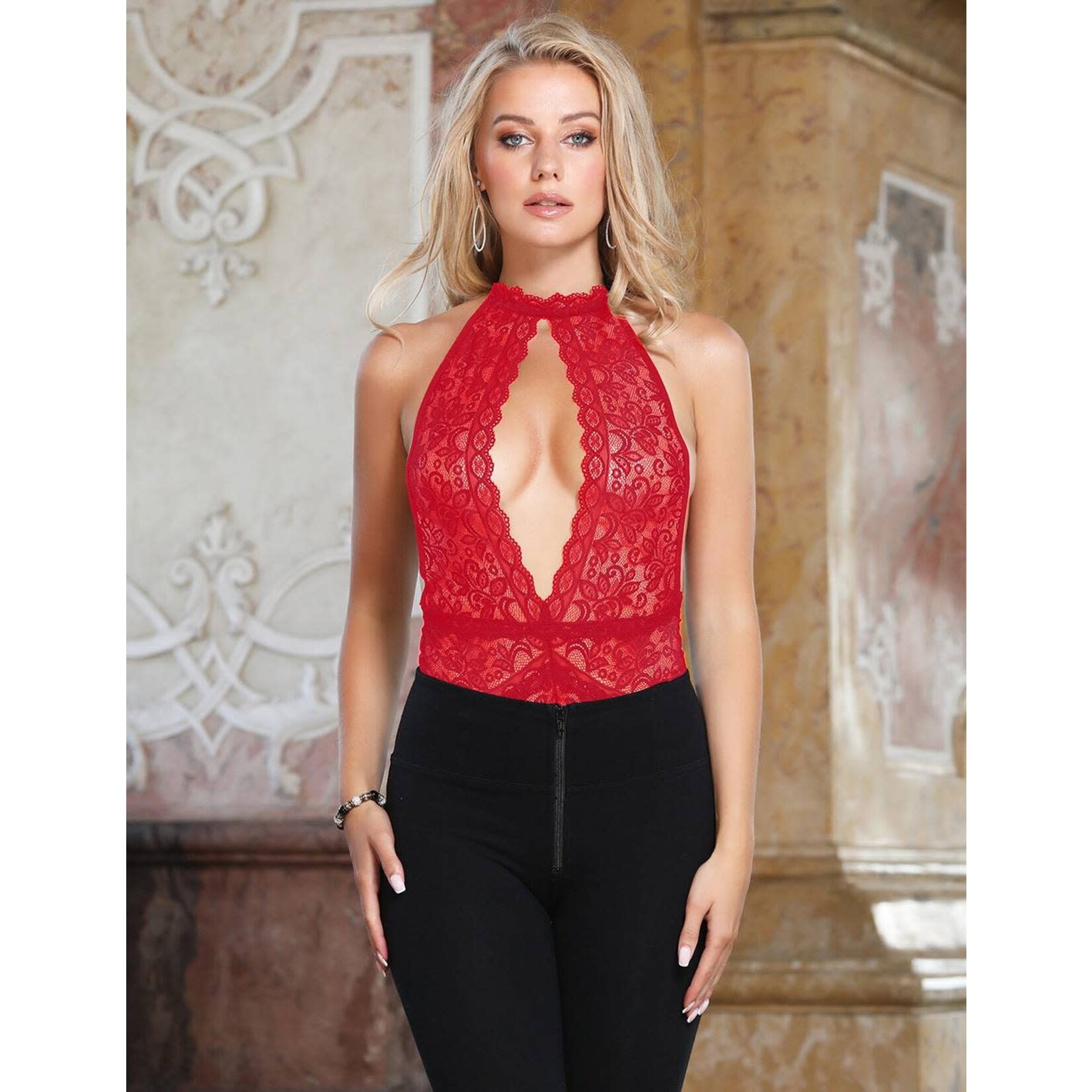 OH YEAH! -  RED EXQUISITE LACE OPEN CUP TEDDY  M-L