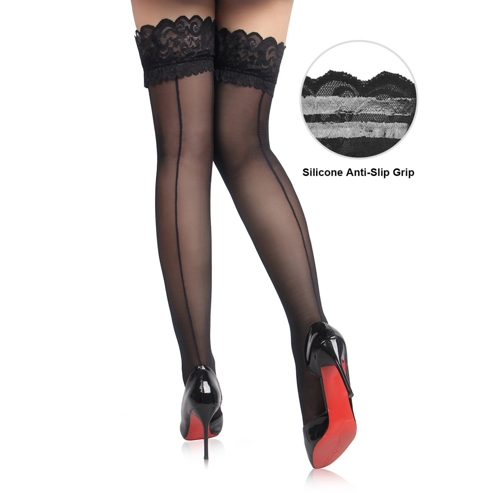 OH YEAH! -  BLACK SEXY LACE VERTICAL LINE STOCKINGS WITH SILICONE BLACK  L-2XL