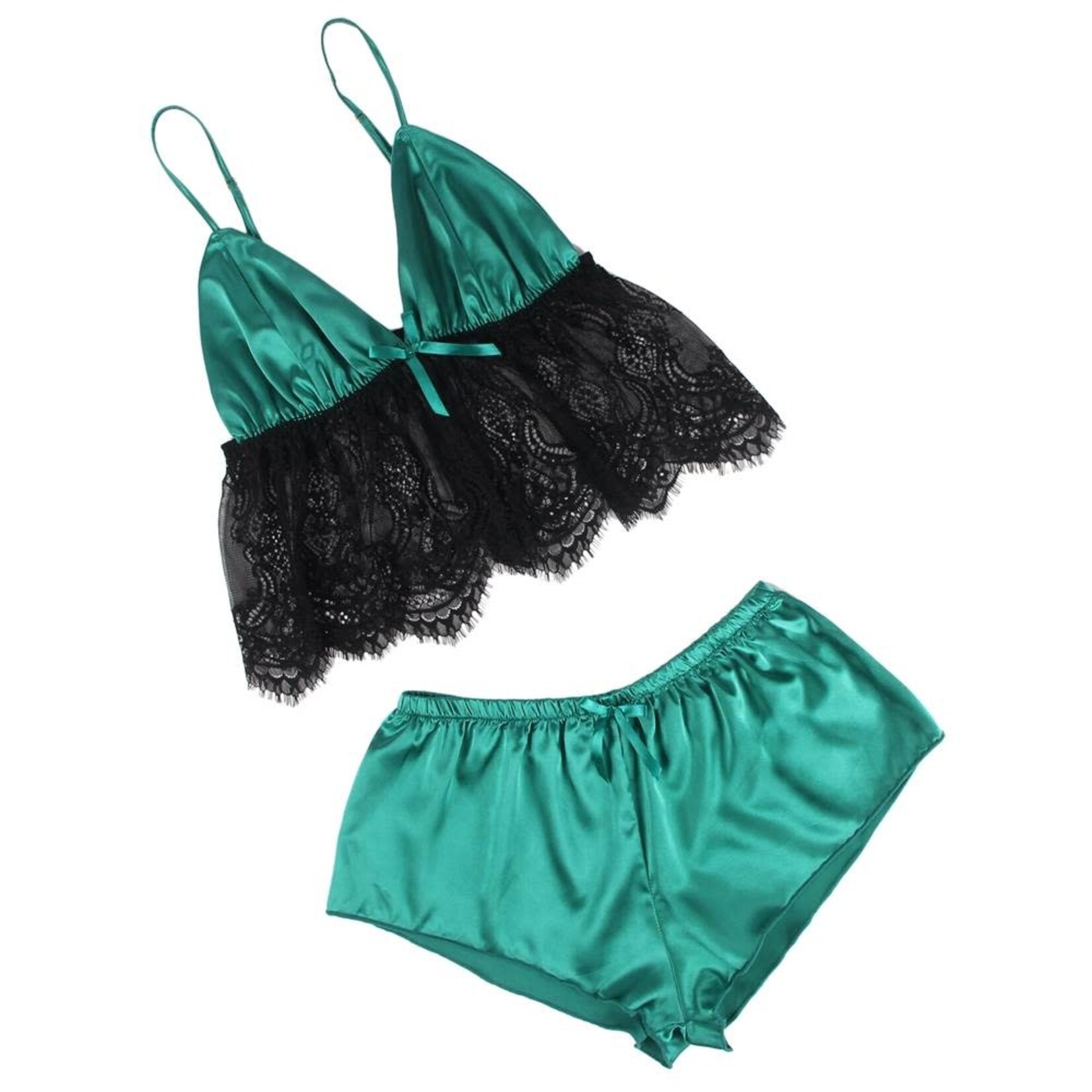 OH YEAH! -  FASHION EYELASH LACE SILK CAMISOLE GREEN SLEEPWEAR SET AS SHOWN XS-S