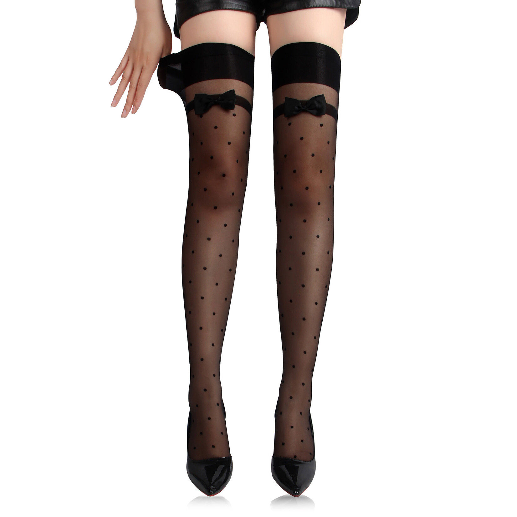 OH YEAH! -  JACQUARD BOW TIE BLACK SPOT STOCKINGS