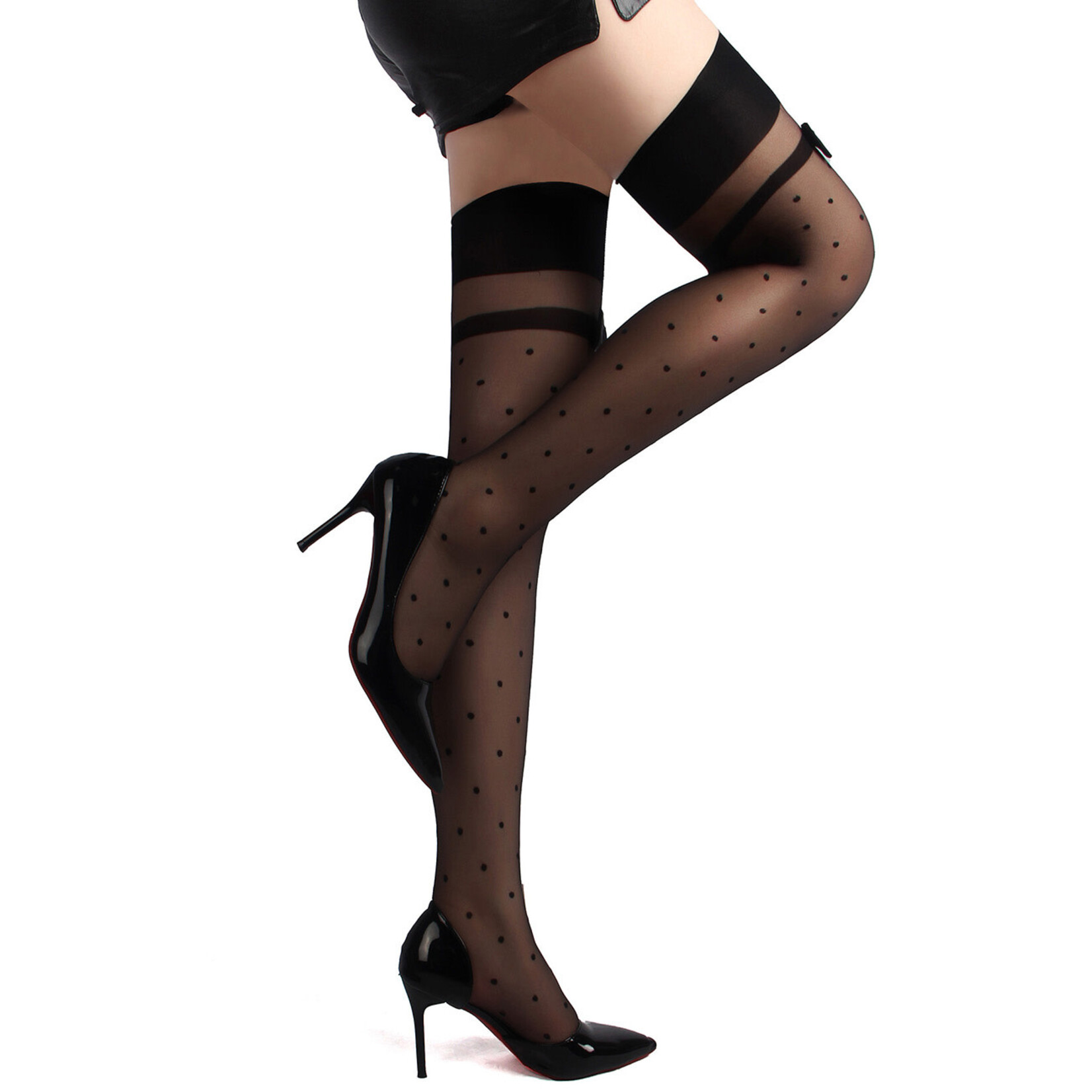 OH YEAH! -  JACQUARD BOW TIE BLACK SPOT STOCKINGS